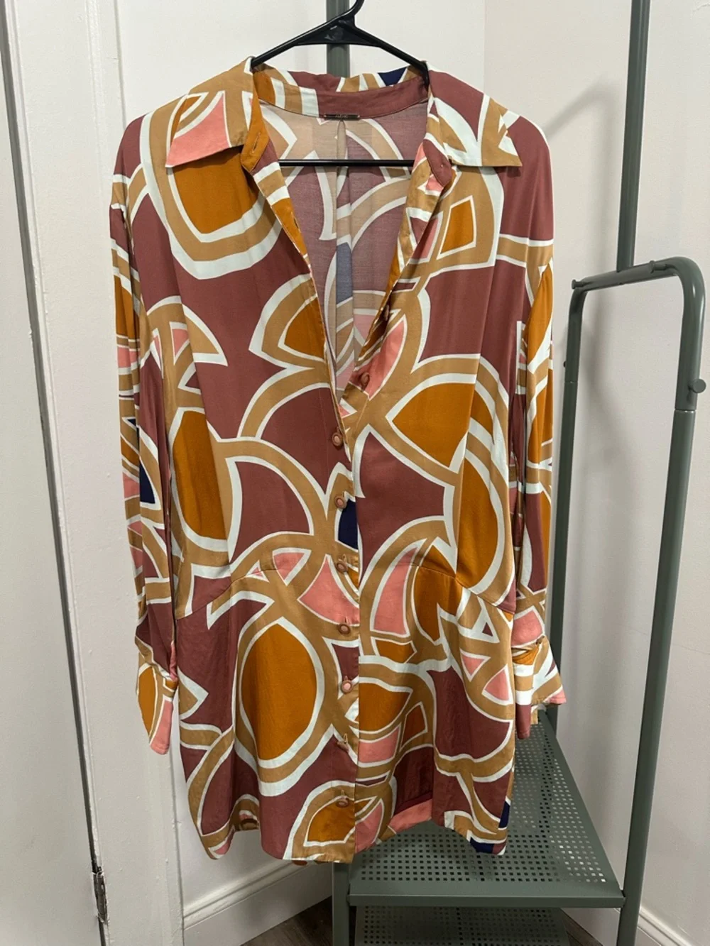 Alexis Long Sleeve Printed Mini Dress in Tan, Pink, Navy & Mustard - Picture 2 of 6
